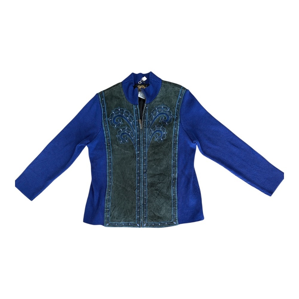 Bob Mackie Wearable Art Blue Ribbed Leather Suede Embroidered Jacket L